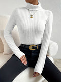Solid Color Ribbed High-Neck Long-Sleeve Fitted T-Shirt - White