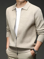 Xingfan Autumn/Winter Men's Long-Sleeve Open-Front Cardigan Lapel Business Casual Solid Color Chunky Knit Full-Zip Thickened Outerwear Jacket - Apricot