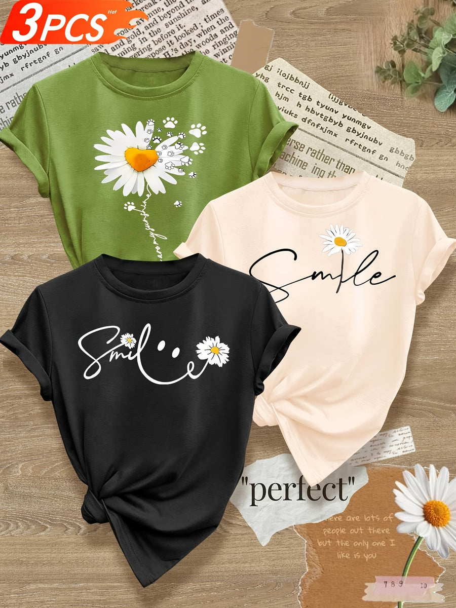 Smiling Letter Small Flower Series 3pcs Mixed Pack, Family Pack, Sisters Pack, Printed Fashion Vintage Style Women's Summer Casual Sporty Style Round Neck Short Sleeve T-Shirt, Multiple Colors Available, Sizes S-XXL - Mixed Color 15