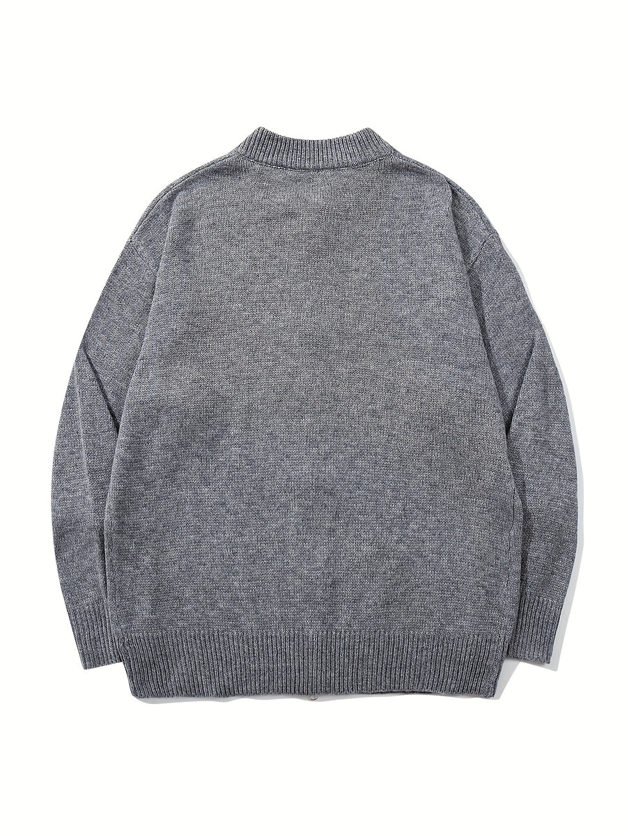 Autumn/Winter New Japanese & Korean Style Men's Simple Versatile Solid Color Casual Loose Long Sleeve Zipper Fabric Cardigan Open Front Knitted Outerwear - Grey