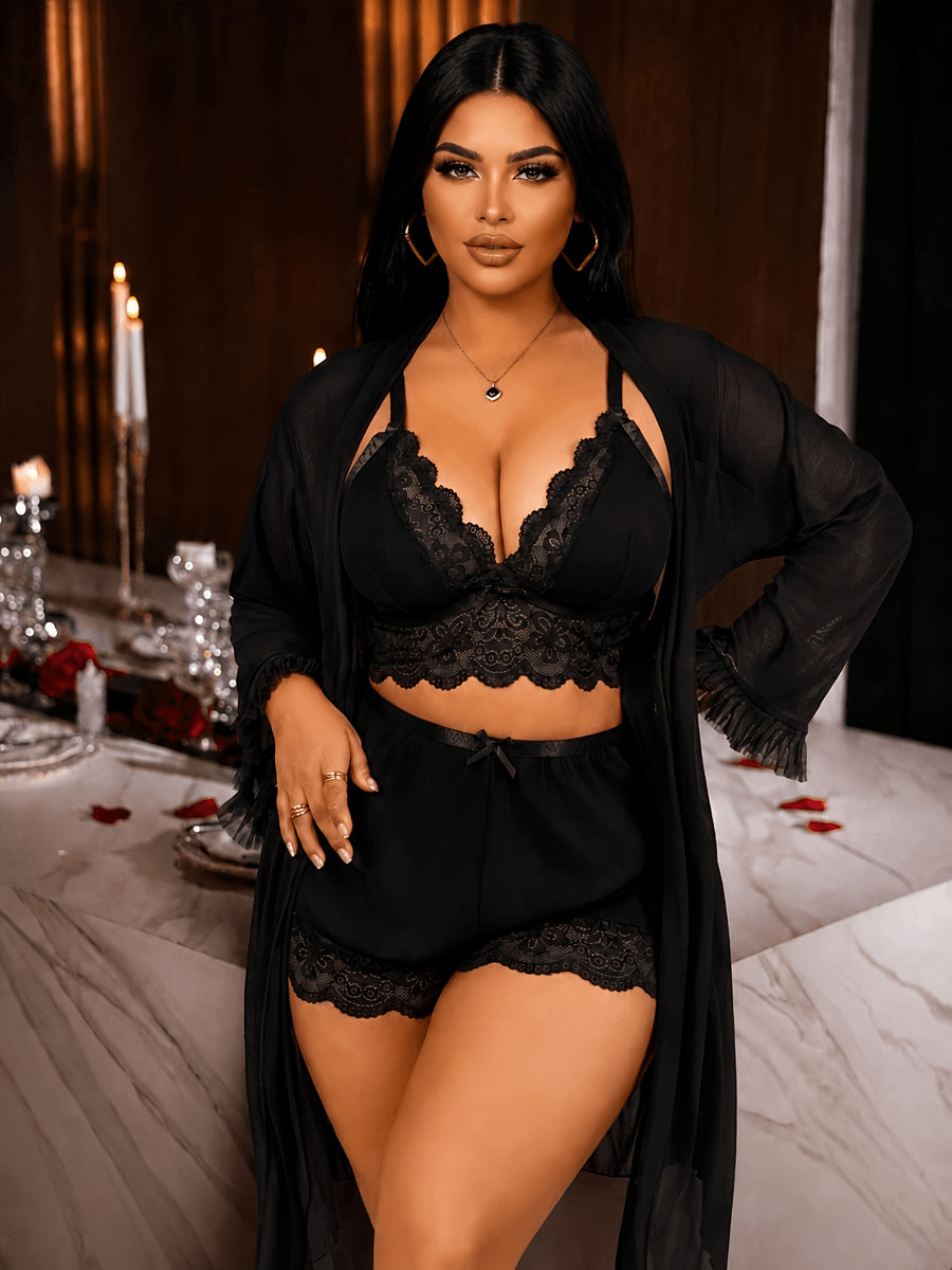 Plus Size Women's Sexy Lace Camisole Nightgown with Lace Trim, Floral Lace Long Sleeve Mesh 3pcs Set - Black