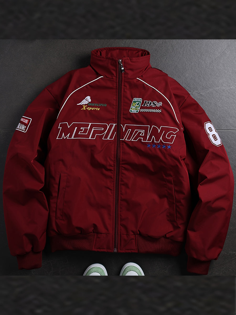 Men'S Thickened Windproof Racing Style Jacket, Stand Collar Full Zip Closure, Letter Patch Badge Decor, Windproof And Warm, Loose Fit, Multi-Color Available, Suitable for Autumn/Winter Motorcycle Riding, Road Trips, Travel Holidays, City Commuting - Red