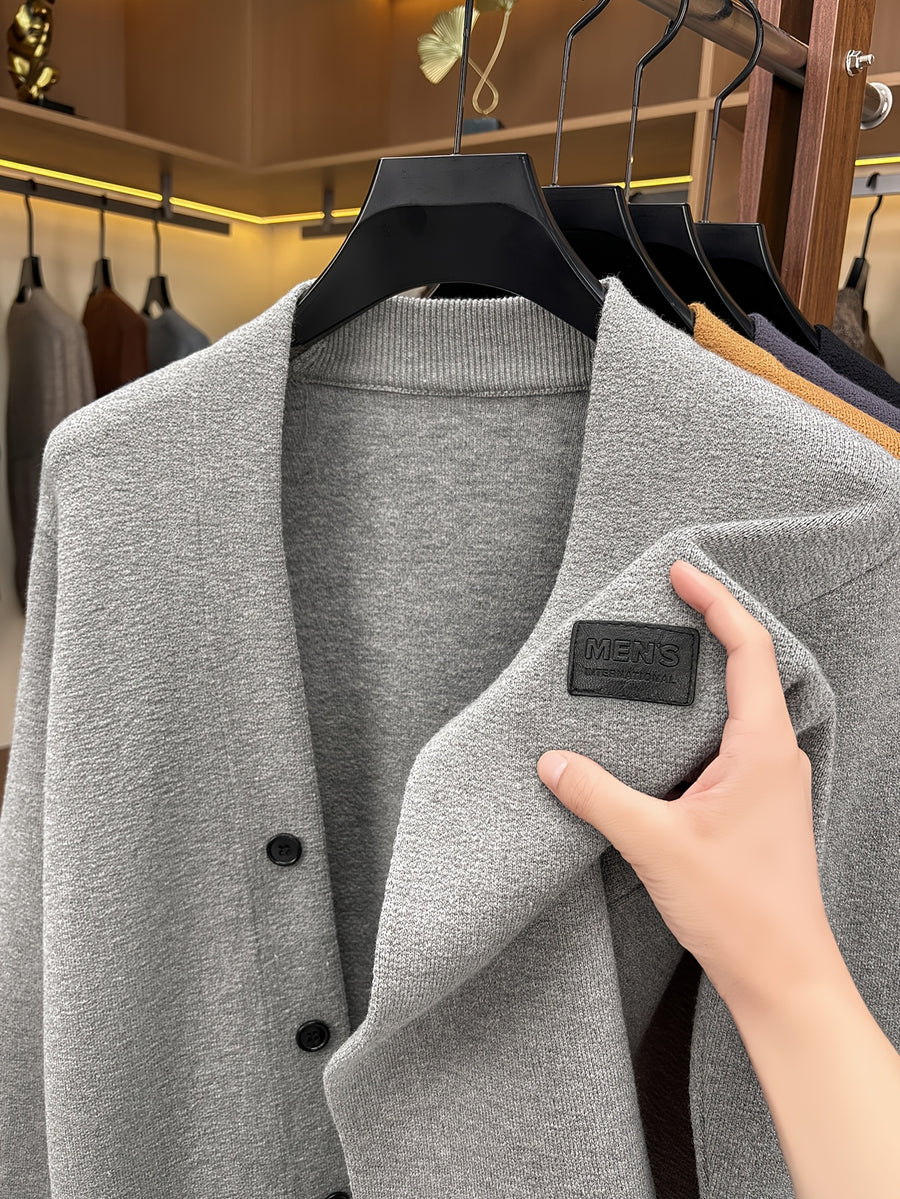 1pc Spring Autumn Men'S V-Neck Cardigan Knit Jacket Single Fake Button Cardigan Sweater Easy All-Match Casual Outerwear Knit Top - Light Grey