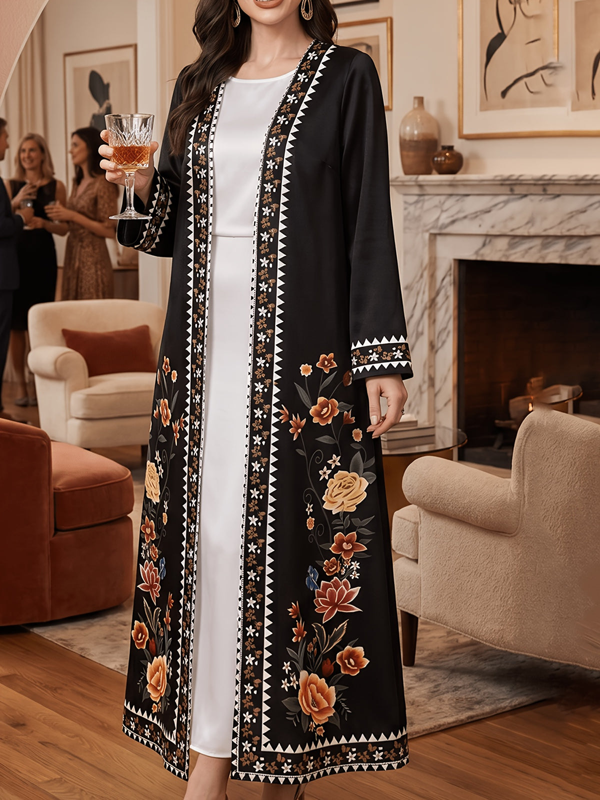 Middle Eastern Style, Elegant Women'S Long Sleeve Cardigan Long Coat, Printed, Casual Wear, Commuting, Strolling, Casual Fashion, Elegant Temperament, Middle Eastern Style Versatile Recommendation - Black