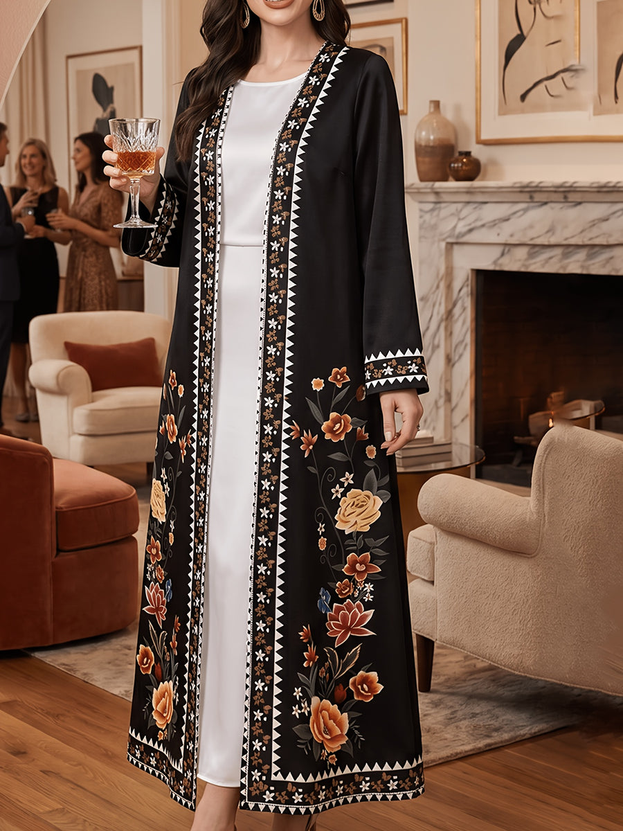 Middle Eastern Style, Elegant Women'S Long Sleeve Cardigan Long Coat, Printed, Casual Wear, Commuting, Strolling, Casual Fashion, Elegant Temperament, Middle Eastern Style Versatile Recommendation - Black