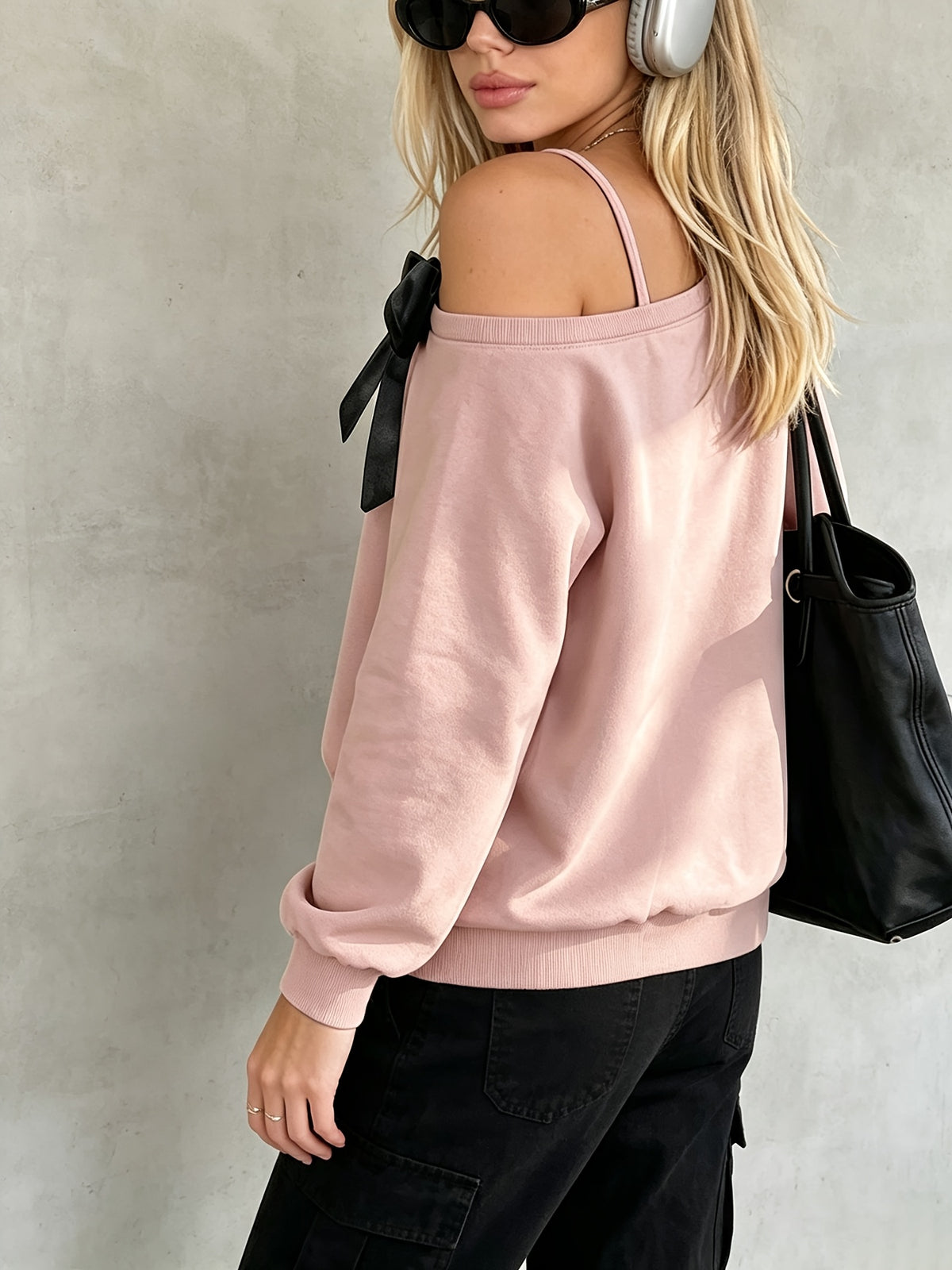 Autumn Women'S Off-Shoulder Fashion Sweatshirt with Bow Detail, Long Sleeve, Casual Streetwear - Pink Color
