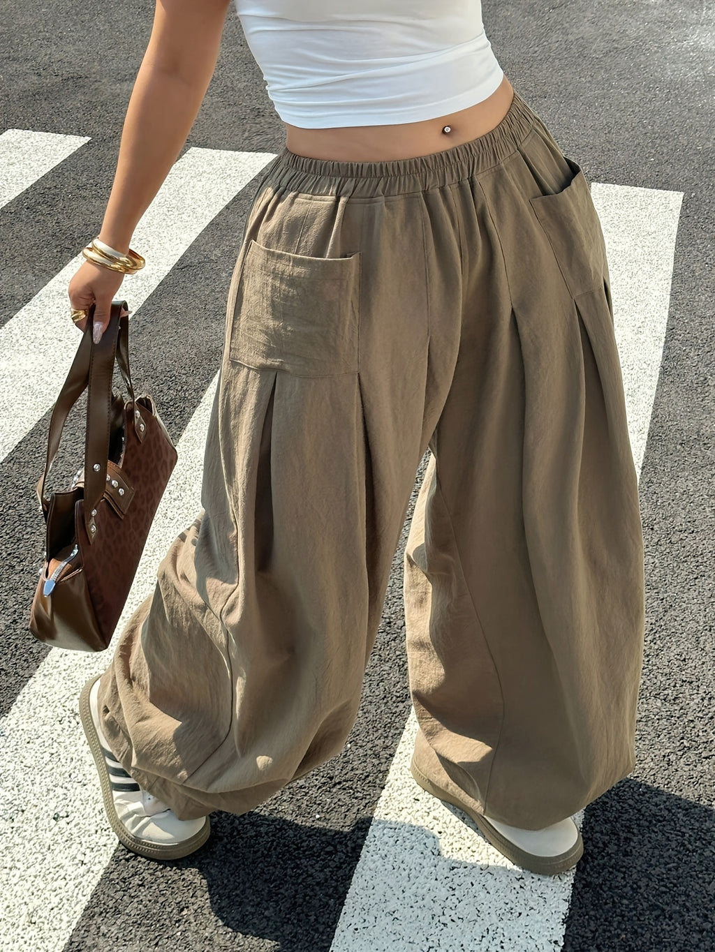 Plus Size, Plus Size Women's Solid Color Elastic Waist Pleated Wide-Leg Pants - Khaki