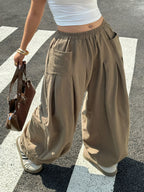 Plus Size, Plus Size Women's Solid Color Elastic Waist Pleated Wide-Leg Pants - Khaki