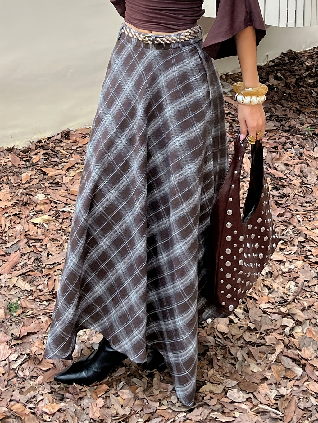 Women'S Plaid A-Line Skirt with Elastic Waist for Spring And Autumn - Coffee Brown