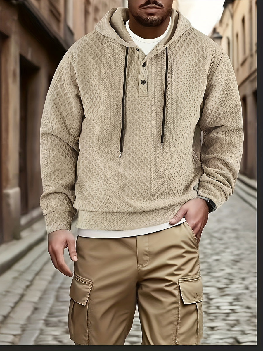 New Men'S Casual Fashion Athletic Cool Versatile Trendy Stylish 3D Jacquard Fabric Two-Button Hooded High Street Popular Sweatshirt - Khaki