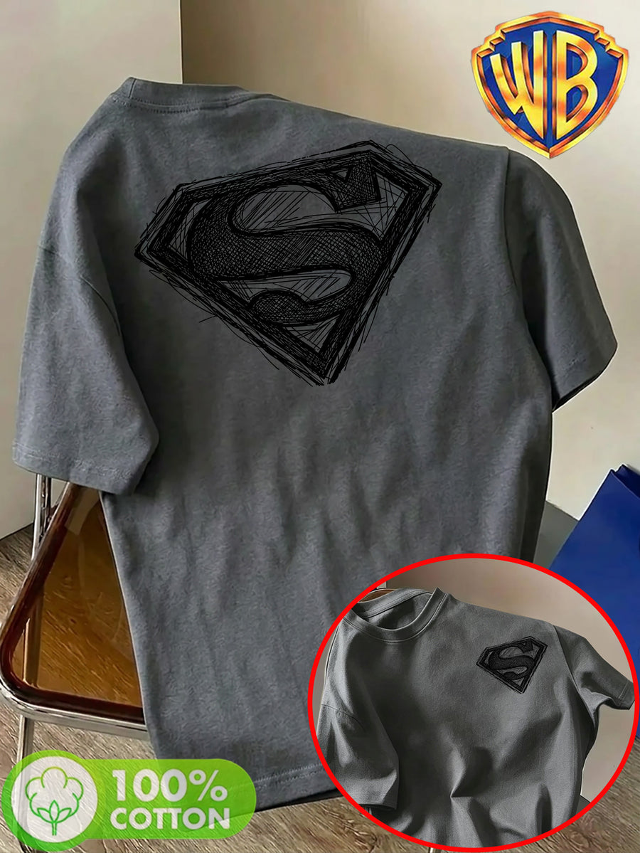 Unisex Summer Loose Round Neck Short Sleeve T-Shirt, Suitable for Daily Commute, Street Outings, City Travel, And Gatherings, Large Superman S Logo Hand-Drawn Sketch Print on Back, Small Pattern on Chest, Easy Artistic Atmosphere - Dark Gray