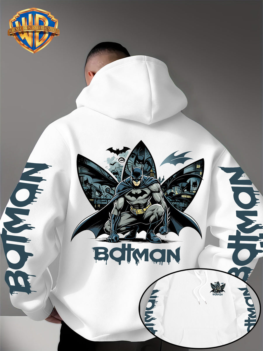 Warner Bros. Official 1pc Men's Hooded Long-Sleeve Sweatshirt - Batman Gotham Night Scene Multi-Panel Print + BATMAN Drip Graffiti Letter Creative Graphic Print, Letter Print on Both Sleeves, Cool DC Superhero IP Graphic Hoodie, Skin-Friendly - White