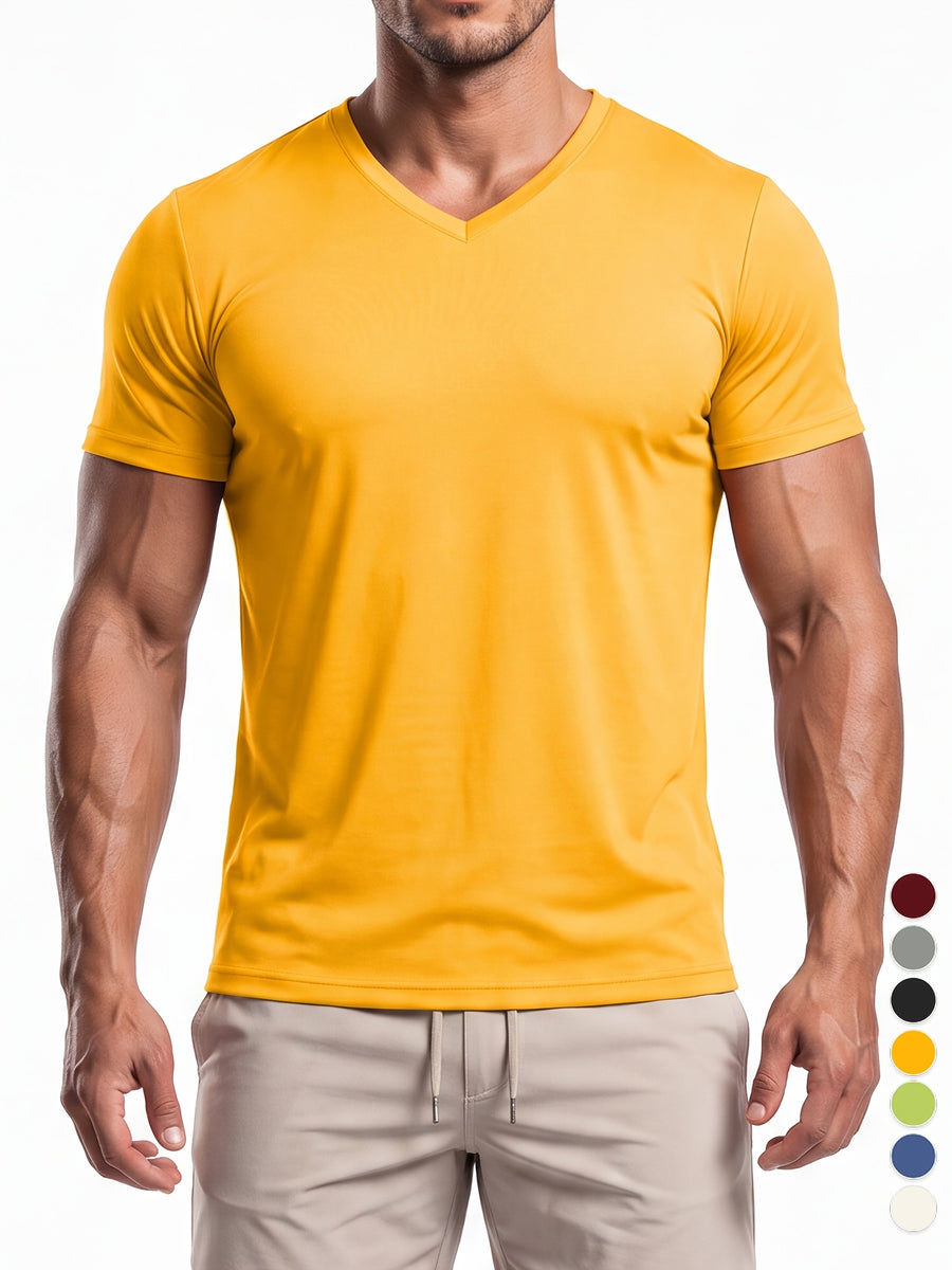Men's Minimalist Sporty V-Neck Quick-Dry T-Shirt, Lightweight Breathable Moisture-Wicking Polyester Fiber Short-Sleeve Top, Solid Color Slim-Fit Casual Fitness Shirt, Suitable for Fitness, Running, Outdoor, Light Outdoor, and Urban Commuting - Bright Yellow