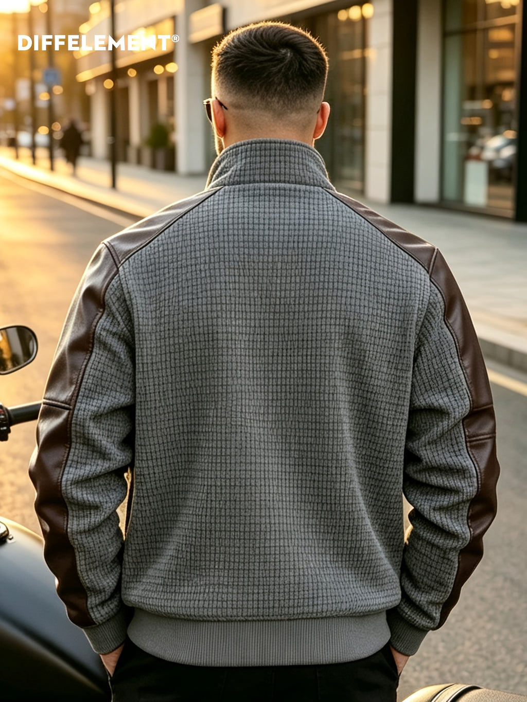 DIFFELEMENT Men's Casual Stand Collar Corduroy Jacket, Soft Waffle Fabric, Color Block Patchwork Design, Stand-Up Full Zipper Jacket, Wrinkle-Resistant with Ribbed Cuffs, Windproof, Lightweight and Warm Outerwear, Regular Fit, Suitable for Daily - Grey