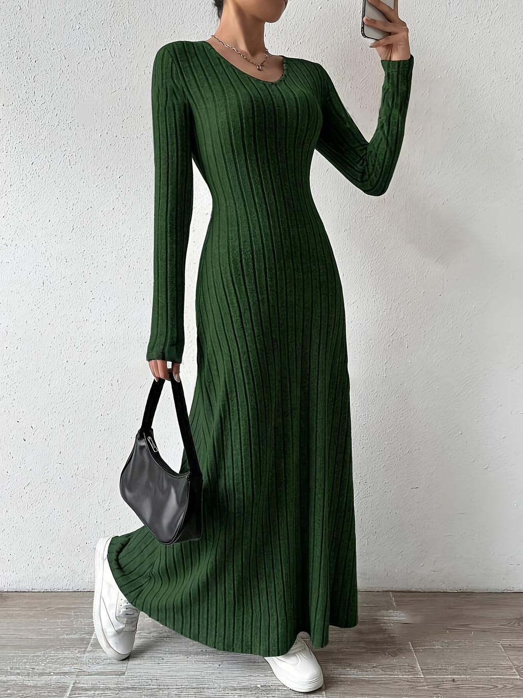 Women's Elegant V-Neck Long Sleeve A-Line Dress - Solid Color Machine Washable Fall Dress with Flattering Silhouette, Versatile for Casual & Formal Occasions, Long Sleeve Maxi Dress, Comfortable Fit - Dark Green