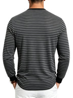 Men's Striped Henley Neck Long Sleeve T-Shirt, Fall Casual 3 Buttons Commuter Basic Shirt - Dark Gray