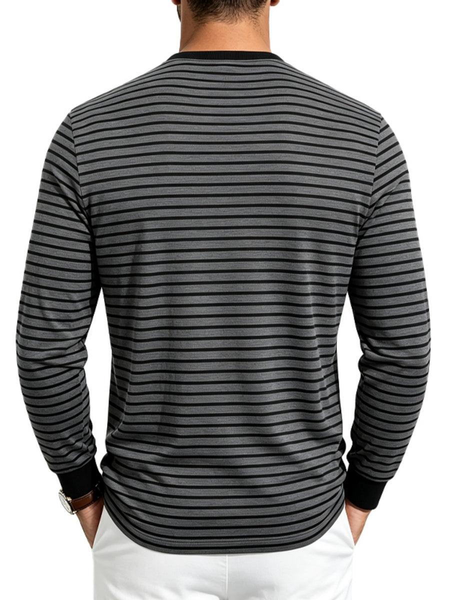 Men's Striped Henley Neck Long Sleeve T-Shirt, Fall Casual 3 Buttons Commuter Basic Shirt - Dark Gray
