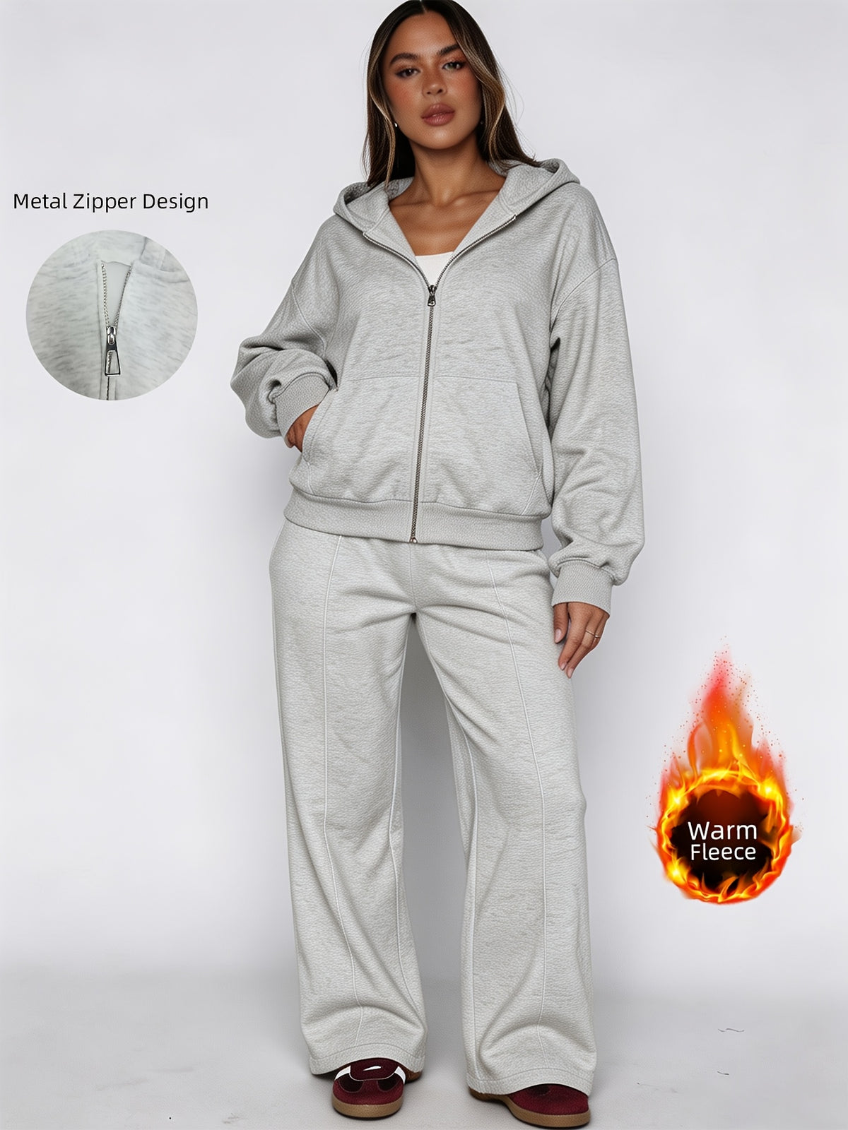 2pcs Autumn/Winter Women's Sporty Casual Set: -Lined Hooded Cardigan with Pockets Long-Sleeve Sweatshirt and -Lined Drawstring Wide-Leg Pants, Essential for Cold Weather Outings, Suitable for Sports, Fitness, Running, Skiing, and Versatile Fashion - Light Grey