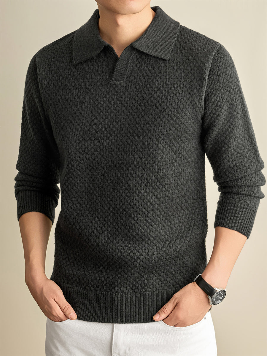 Autumn Winter Knit 3D Solid Color Lapel Polo Sweater, Basic Knit Pullover Top for Men, Fashionable Long Sleeve Sweater, Size S - Gray Green