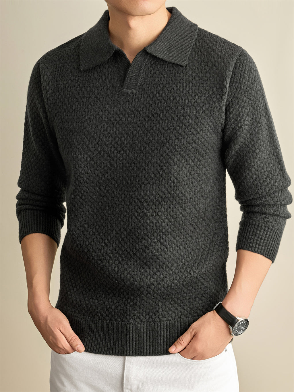 Autumn Winter Knit 3D Solid Color Lapel Polo Sweater, Basic Knit Pullover Top for Men, Fashionable Long Sleeve Sweater, Size S - Gray Green