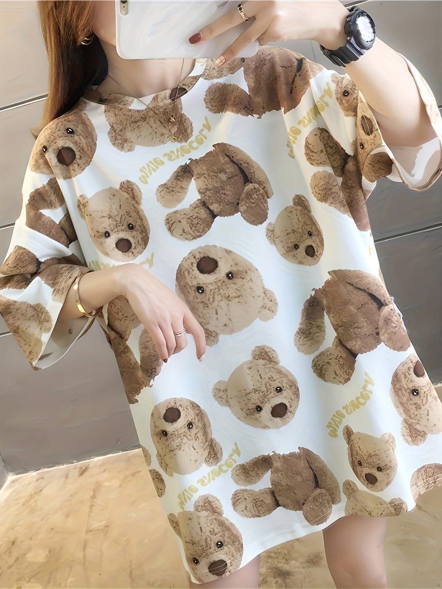 Summer New Large Size Loose Fashion Trend Thin Cartoon Round Neck Print Medium Long Short Sleeve T-Shirt - White