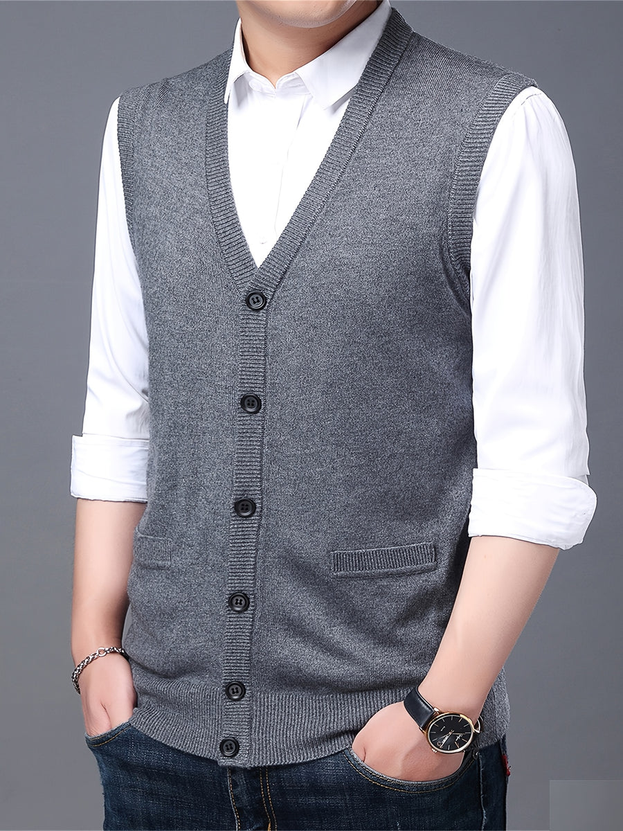 Autumn Winter Men'S Knit Cardigan Vest Men'S Casual Solid Color Pocketed Knit Vest Men'S V-Neck Open Front Sleeveless Sweater - Dark Gray