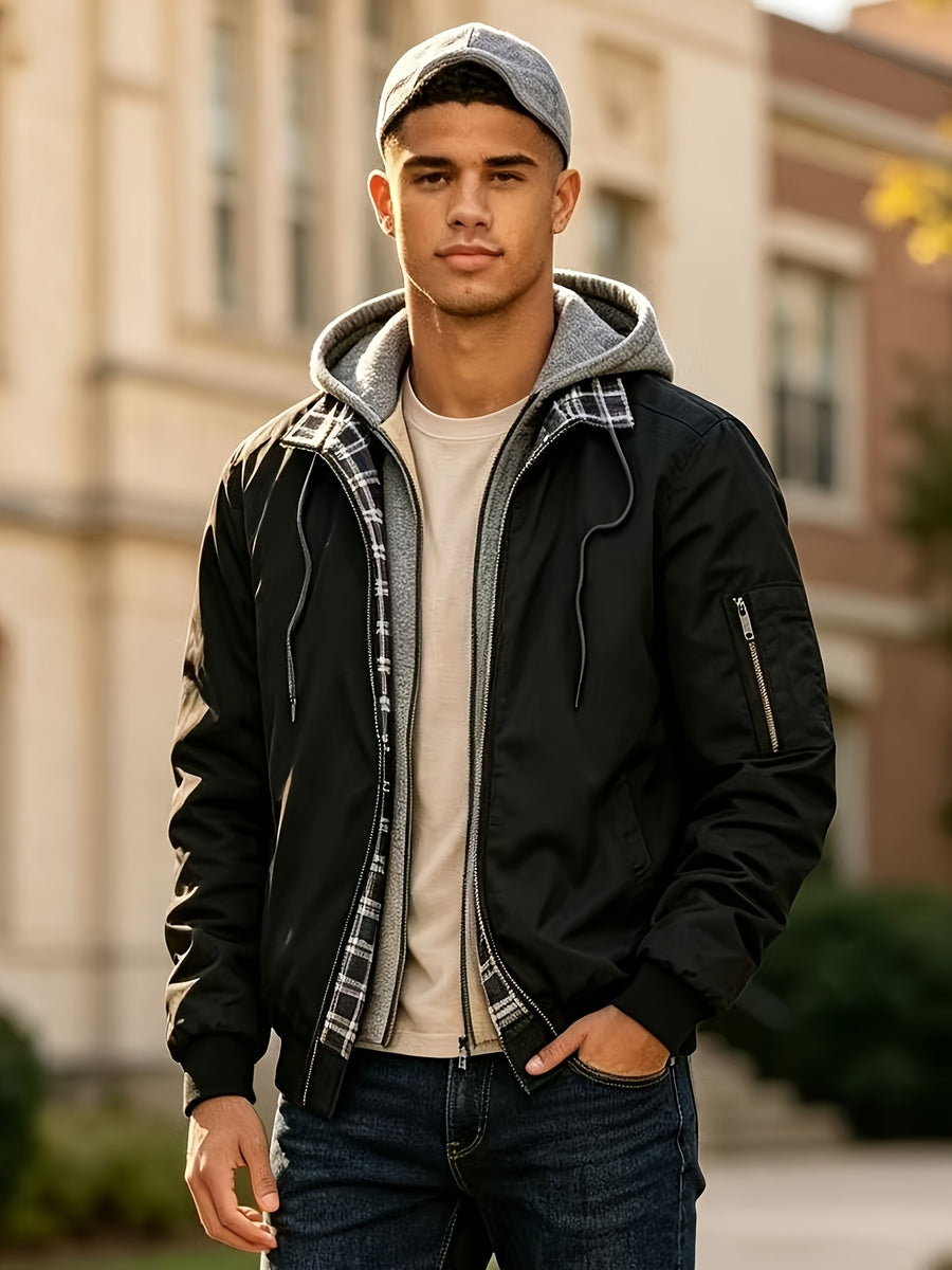 Spring Autumn Men'S Jacket Faux Two-Piece Hooded Cardigan Sports Casual Preppy Outdoor Quilted Cargo Jacket Bomber Jacket - Black