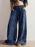 Spring And Summer Women'S Casual Wide-Leg Loose Embroidered Jeans with Elastic Waistband And Drawstring, Featuring Asymmetrical And Stylish Design, Perfect for Season, Daily Leisure, Home Relaxation, Travel, Commuting, Shopping - Medium Blue
