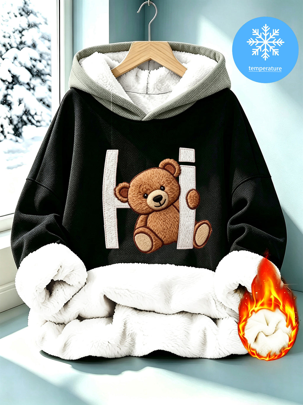 Women's Faux Embroidery Print Thick-Lined Loose Hooded Sweatshirt with 3D Plush Hi Bear Print, Contrast Color Hood Top, Autumn/Winter Warm Pullover, Lazy Style Aesthetic Casual Shirt - Deep Grey