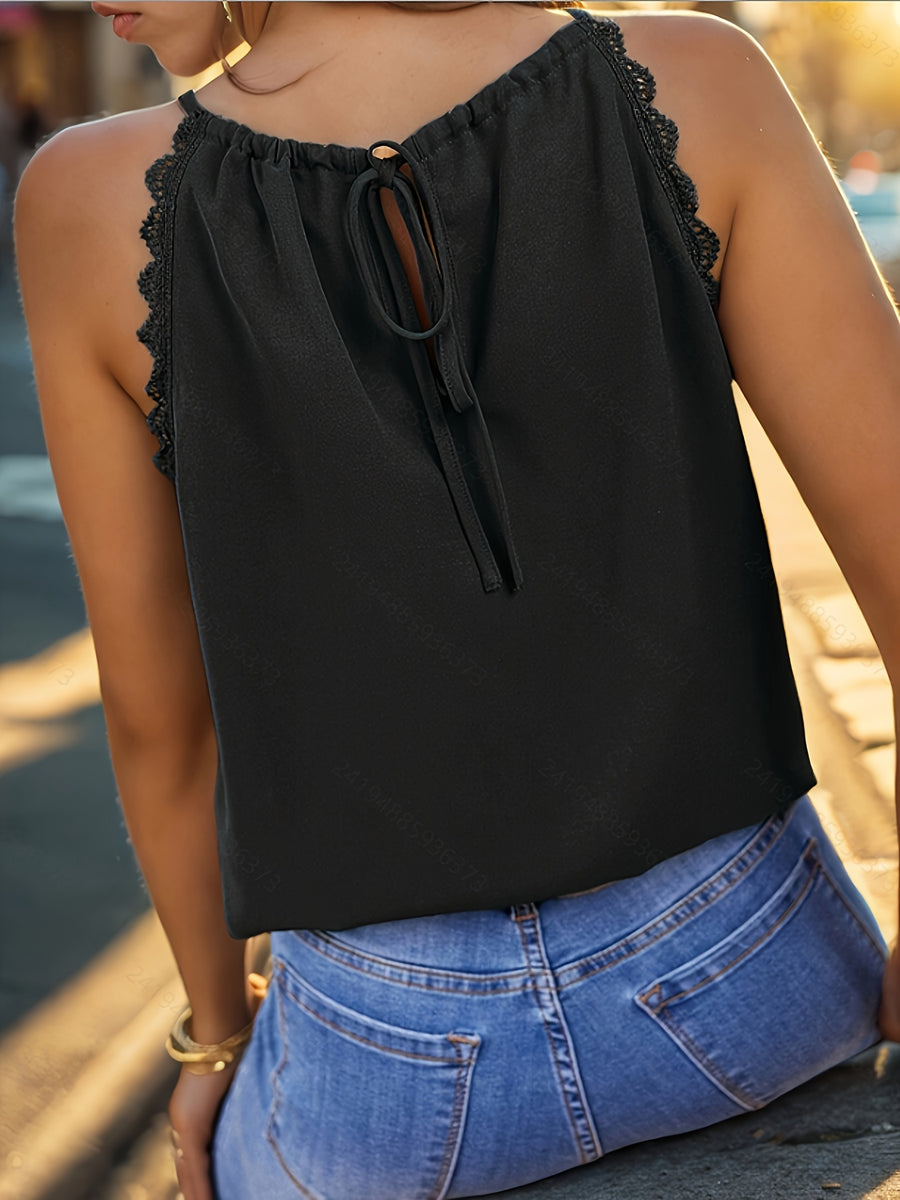 Women's Fashion Tank Top, French-Style Hollow-Out Lace-Trimmed Halter Neck Tank Top with Tie-Back for Spring/Summer - Black