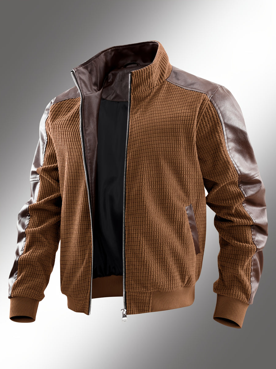 Vintage Textured Patchwork Jacket for Men, Stand Collar Zipper Versatile Men's Spring and Autumn Casual Top; Waffle Men's Baseball Jacket, Suitable for Daily Work Scenes. - Dark Brown