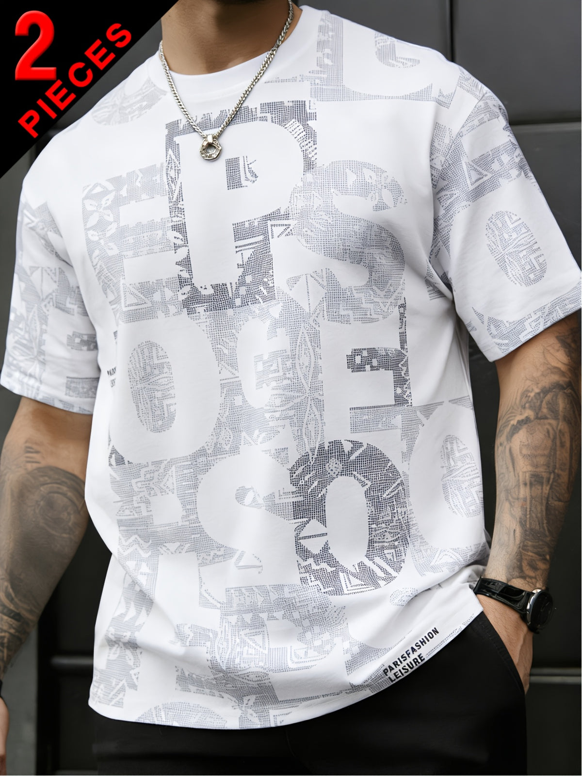 2pcs Men's Short Sleeve T-Shirts, Summer Fashion All-Over Print Short Sleeve Tees, Loose Fit Letter Print Stretch Short Sleeve Sport Tops, Youth Crew Neck Breathable Trendy T-Shirts, Suitable for Daily Wear, College, Street, and Sporty Outfits - 2pcs-white+black