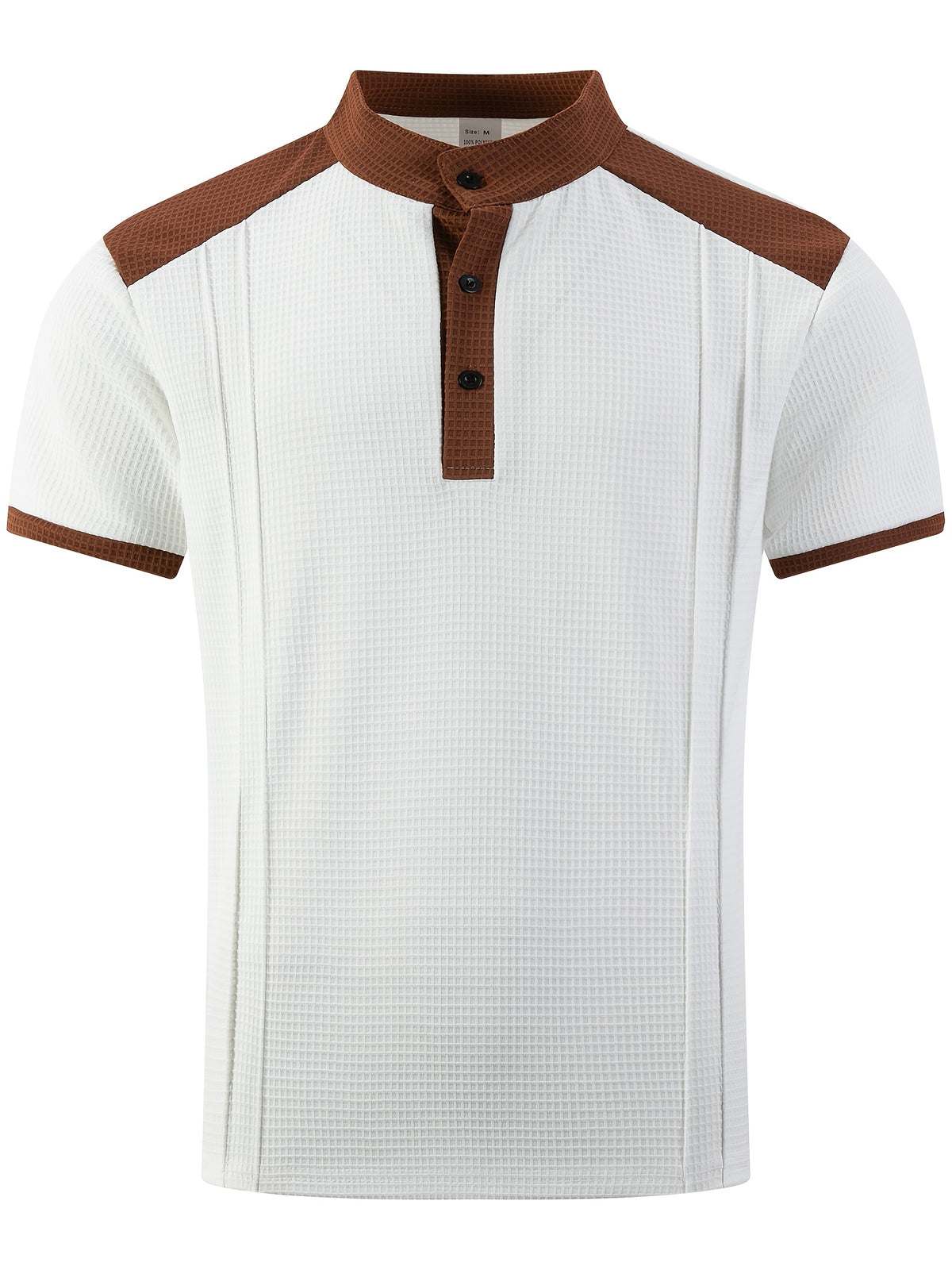 Men'S Short-Sleeve Plaid Knit Henley Shirt with Contrasting Brown Trim, Featuring a Stand Collar Design, Casual Button-Up Front, Breathable Vintage Street Style Clothing - White