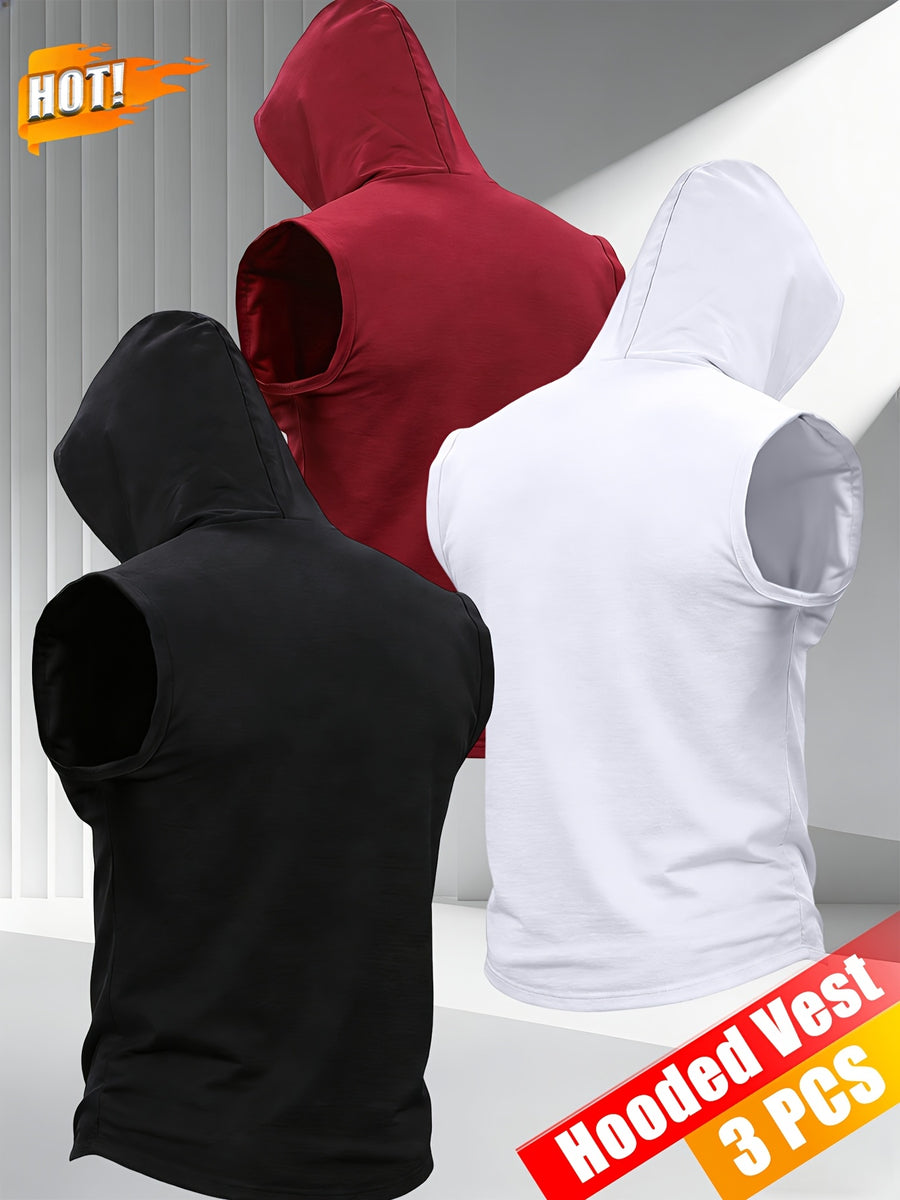 3pcs Men's Hooded Tank Tops, New Summer Style, Skin-Friendly and Breathable Fabric, Sleeveless Loose Fit for a Slimming Look, Versatile for Daily Fitness, Sports, and Streetwear, Essential for Men's Refreshing Summer Outfits - Black+white+red