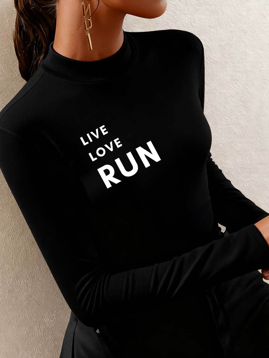 Women'S Easy Trendy Warm Long Sleeve Half Turtleneck Base Layer Top, Hot Trendy LOVE RUN Letter Print Pattern, Spring Autumn Winter New Casual Age-Reducing Stylish Long Sleeve Top, Fashionable Elegant Design Layering - Black