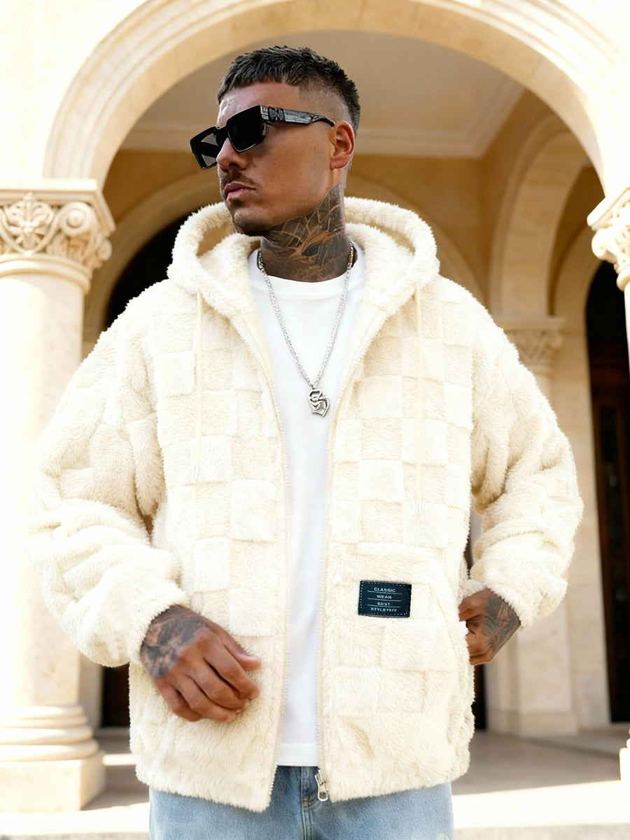 Pearson OBM Men's -Lined Hooded Long-Sleeve Warm Jacket, Comfortable Outerwear, Men's Casual Loose-Fit Jacket, Suitable for Autumn and Winter, Zipper Design, Ideal for Daily and Home Wear - Beige A