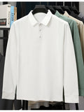 Men'S Lapel Long Sleeve Polo Shirt, Shoulder Mesh Texture Patchwork, Solid Color Minimalist Clean Cut Top, Office Commute, Outing Fishing, Home Casual Loose Men'S Long Sleeve T-Shirt - White