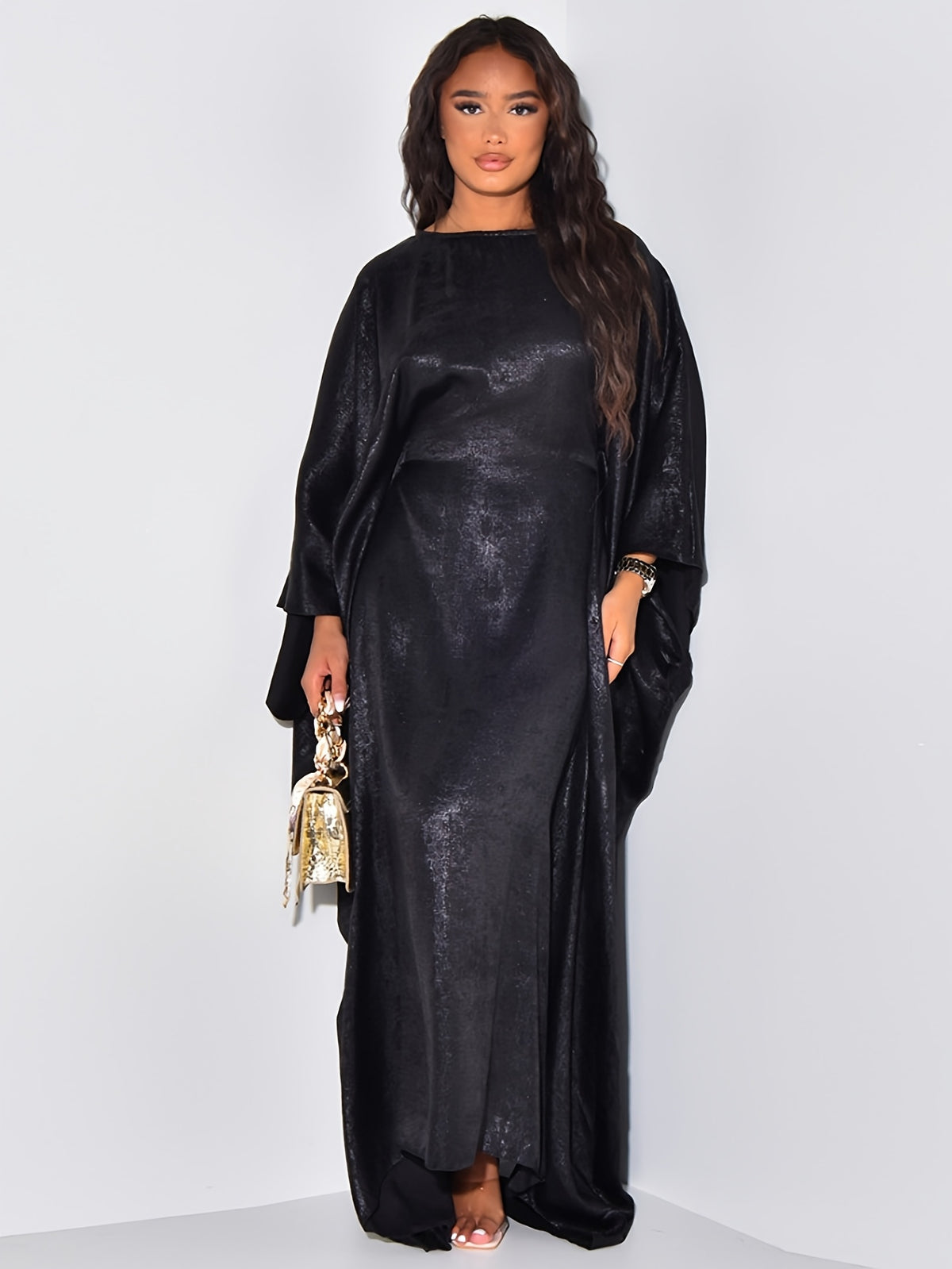 1pc Fashion Satin Bright Elegant Vacation Comfortable Loose Long Sleeve Solid Color Simple Breathable Casual Women's Abaya Dress, Abayas for Women, Muslim Khimar Robe, Chic Femme Robe, Elegant Women's Abaya, Muslim Women's Clothing - Black