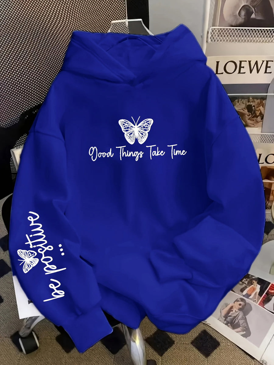 Vintage Slogan and Butterfly Print Long-Sleeve Sweatshirt, Suitable for Daily Casual Wear, Outdoor Picnics, Street Photography, and Use, Applicable for Autumn and Winter Seasons - Blue