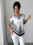 Women's Elegant Asymmetrical Hem Blouse Top - Short Sleeve Round Neck Church Shirt with Asymmetrical Hemline, Black & White Print Suitable for Commuting, Church Events, Casual Outfits, Spring Summer Fall Wardrobe Essential - Black And White
