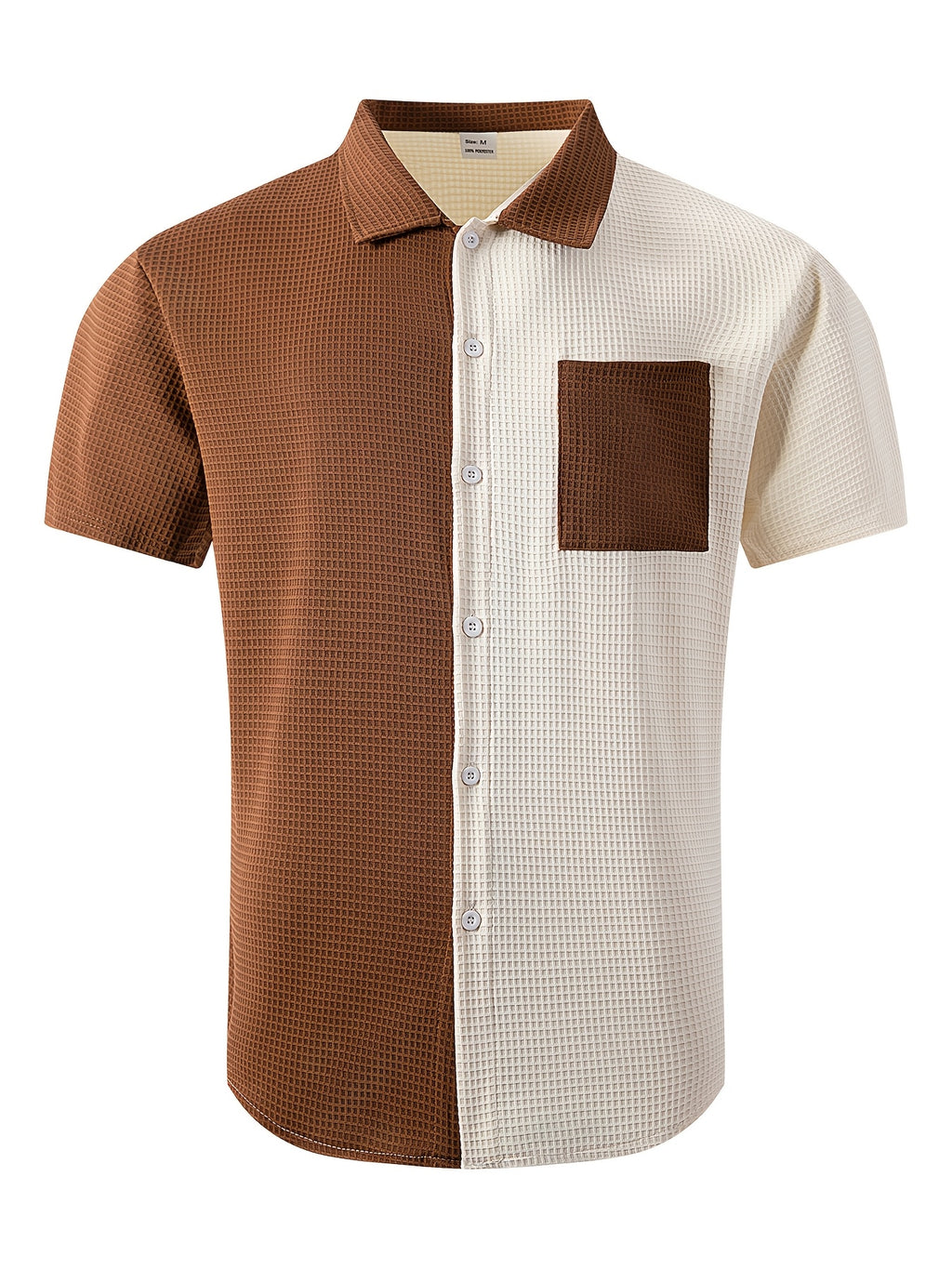 Men'S Waffle Knit Color-Block Shirt, Short Sleeve Button-Up Casual Top with Pockets, Fashionable Summer Beach And Casual Wear Men'S Clothing - Khaki