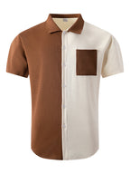 Men'S Waffle Knit Color-Block Shirt, Short Sleeve Button-Up Casual Top with Pockets, Fashionable Summer Beach And Casual Wear Men'S Clothing - Khaki