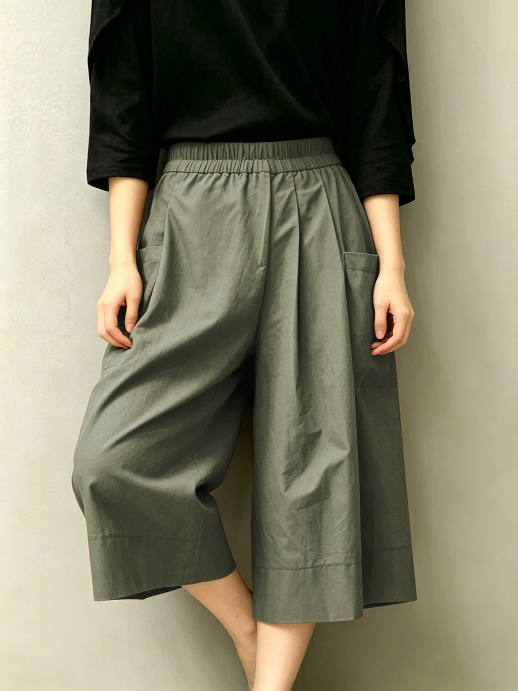 High-Waist Elastic Waist Women'S Capri Wide-Leg Skirt Pants, Side Large Pocket Design, Loose Skirt Silhouette, Breathable Fabric, Summer Casual Wear Choice - Olive Green