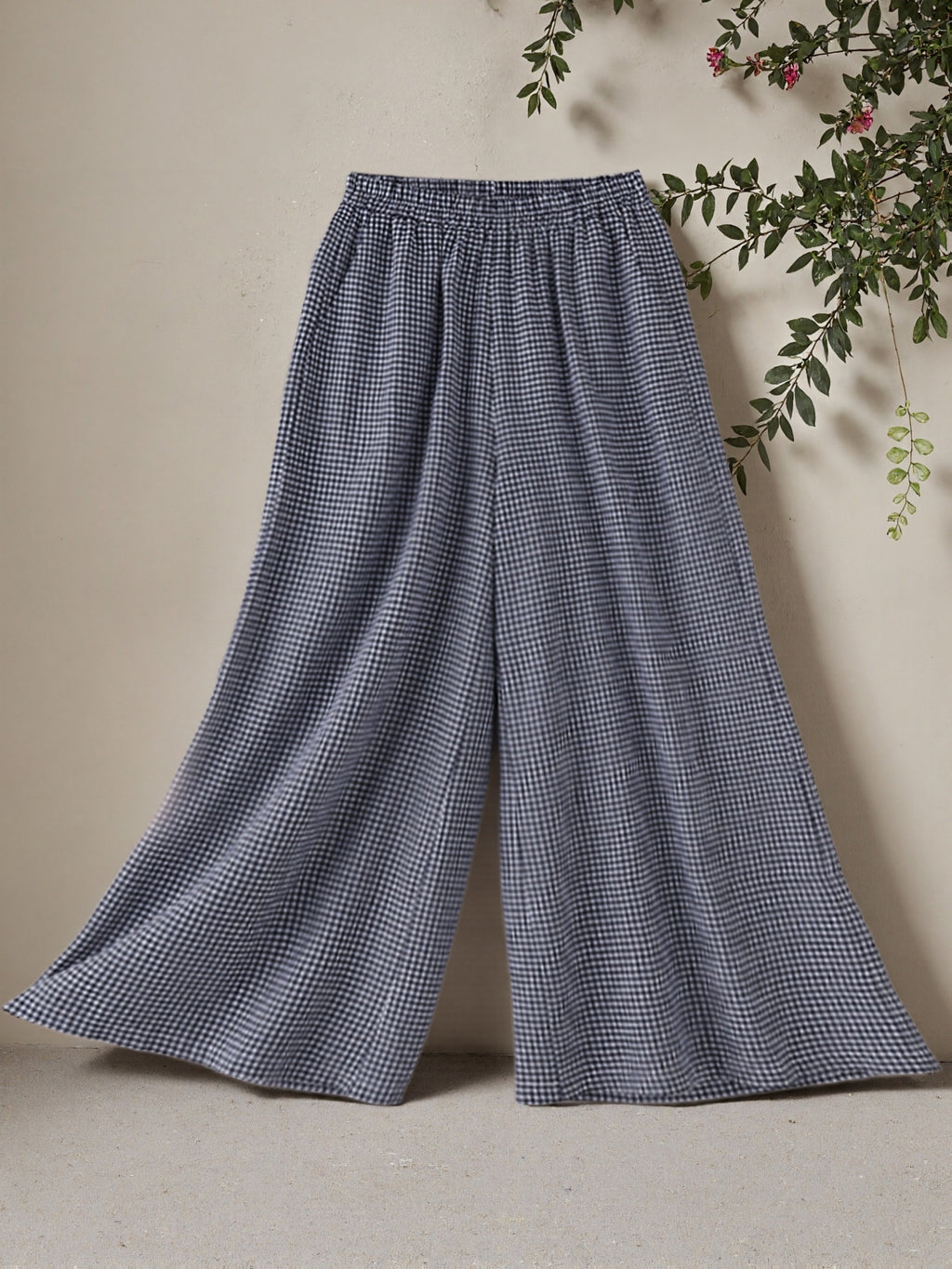 Women'S Spring And Summer Fine Checkered Wide-Leg Pants, Elastic Waist High Waist Drape, And Casual Floor-Length Trousers - Blue