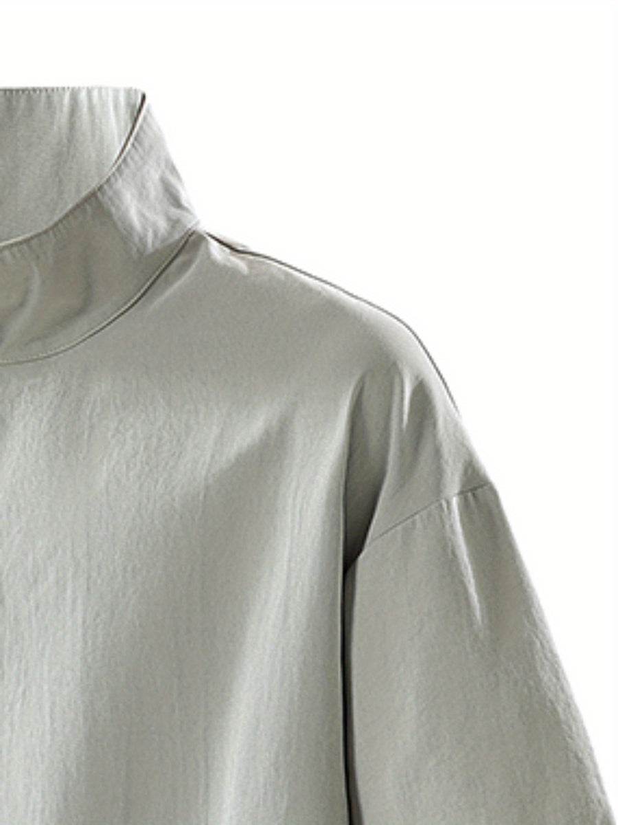 Summer New Versatile Stand-Up Collar Men'S T-Shirt Loose Thin Short Sleeve Half-Zipper Breathable Top - Light Grey