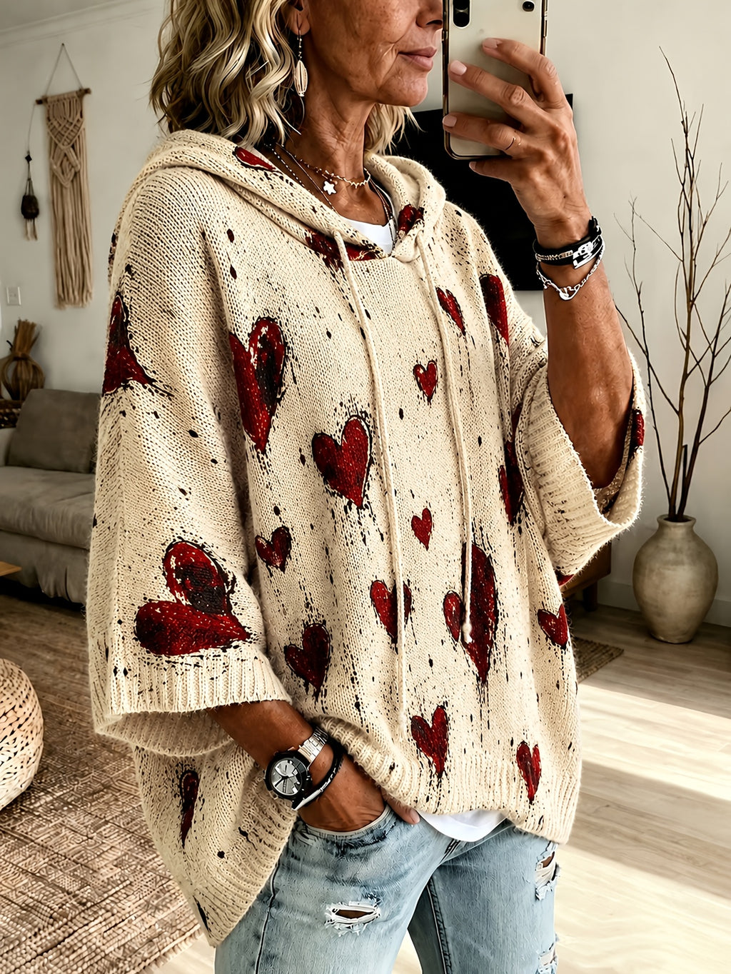 Plus Size, 2026 Women's Autumn/Winter Heart Print Hooded Three-Quarter Sleeve Cape Sweater Top with Drawstring, Lazy Style, Loose Fit,, Fashionable, Versatile, Casual, Commuting, Vacation, Plus Size Sweater Top for Women - Apricot
