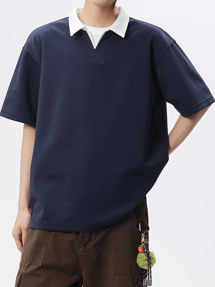 Summer Lapel Short Sleeve Polo Shirt Men'S Loose Premium V-Neck Design Versatile Short Sleeve Top - Navy Color