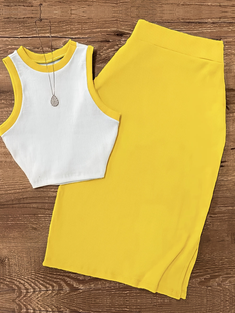 Women'S Sleeveless Vest And Slit Skirt Set - Yellow