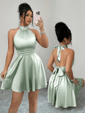 Ladies Pea Green, Fashionable Luxurious Elegant Sexy Green Satin Tie-Back Backless Mini Dress, Daily Outings, Formal Banquets, Dates, Parties, Weddings, Festivals, Spring And Summer Short Skirts, Vacations, Summer Holidays - Light Green