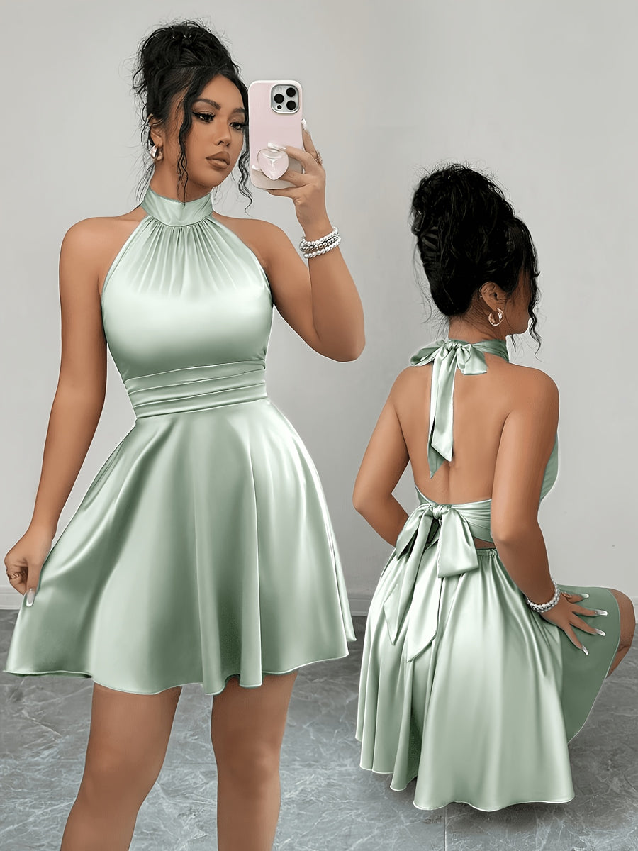 Ladies Pea Green, Fashionable Luxurious Elegant Sexy Green Satin Tie-Back Backless Mini Dress, Daily Outings, Formal Banquets, Dates, Parties, Weddings, Festivals, Spring And Summer Short Skirts, Vacations, Summer Holidays - Light Green
